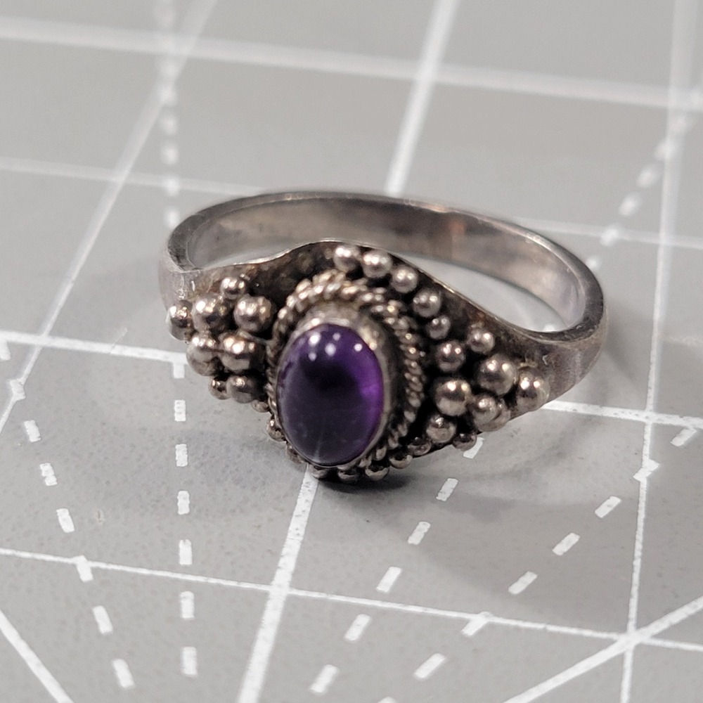 Vtg Sterling Silver Amethyst‎ Ring Bali Beaded Granulation Size 4.5 Tested 925